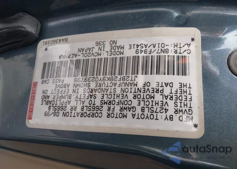 2000 Toyota Camry Le V6 z USA, uszkodzony, nr VIN JT2BF28K9Y0239799